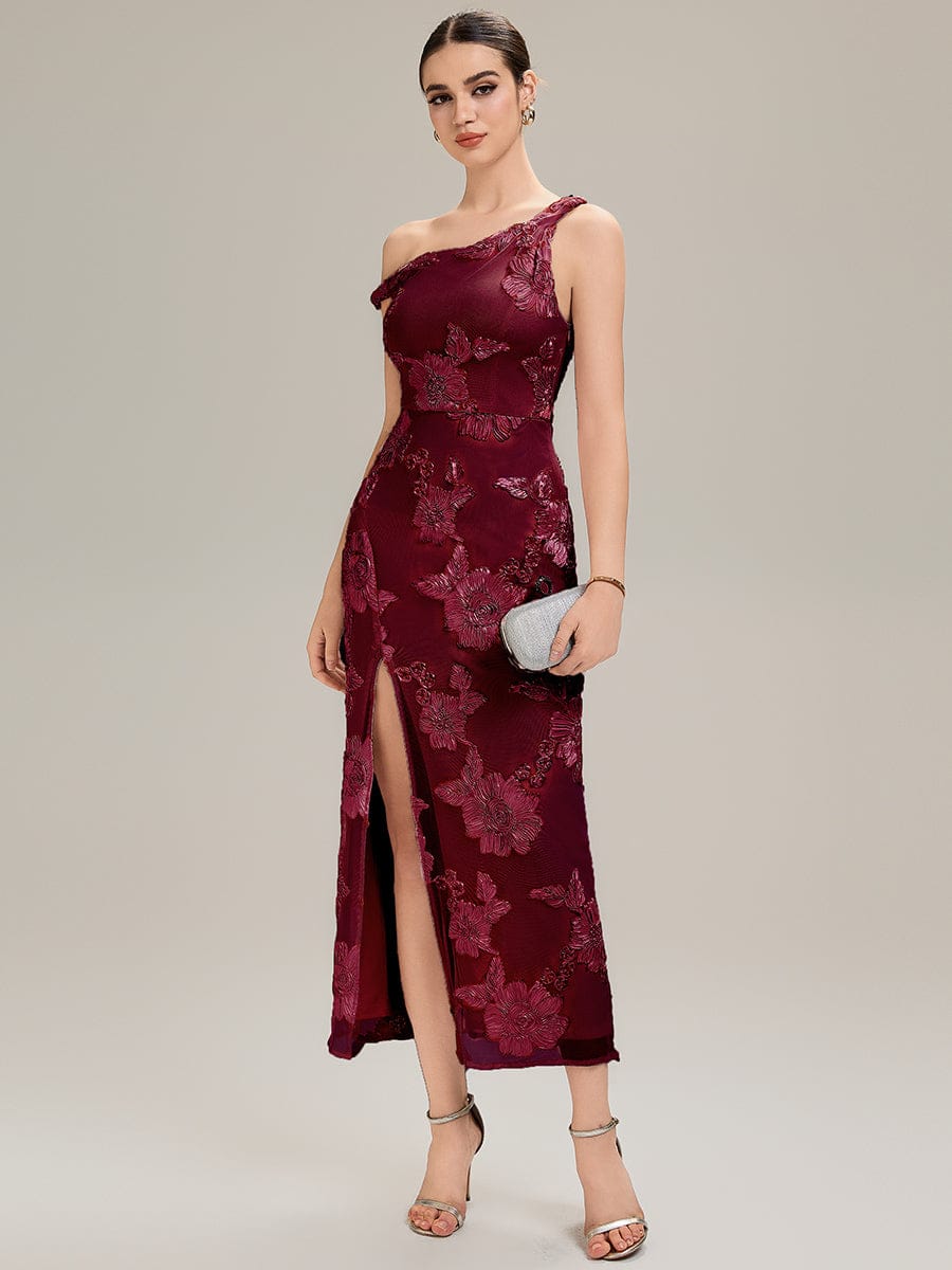 Embroidered Mesh Sleeveless Evening Dress #color_Burgundy