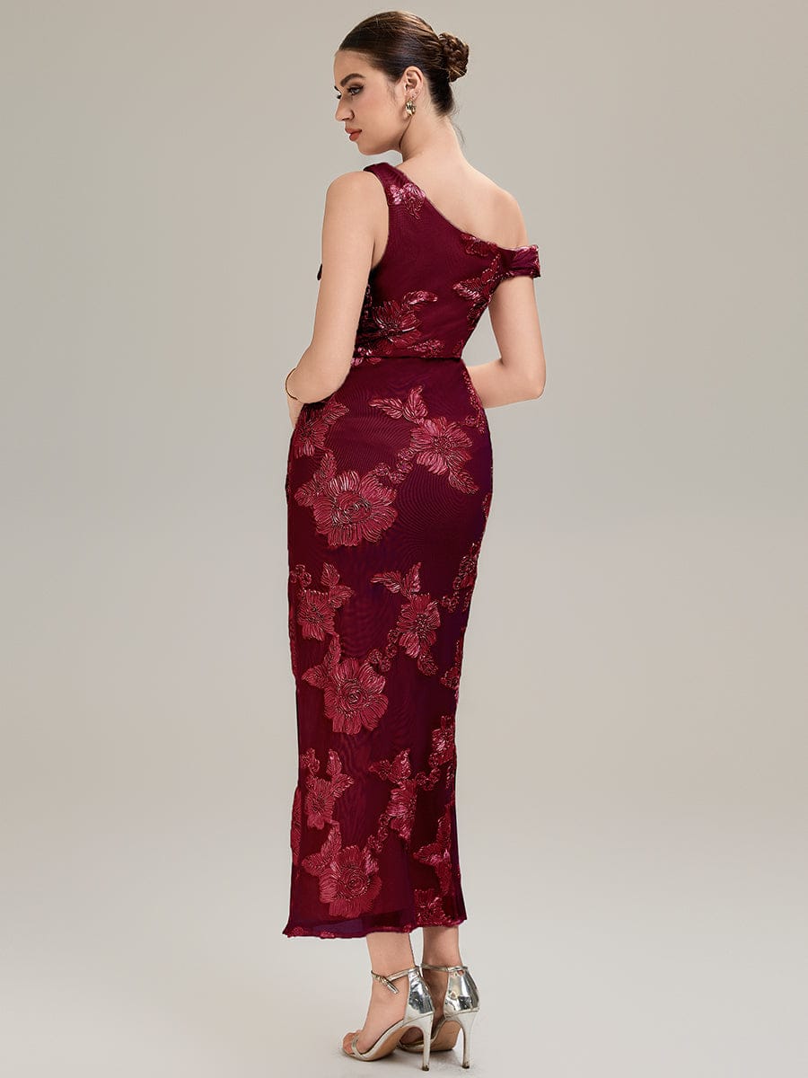Embroidered Mesh Sleeveless Evening Dress #color_Burgundy