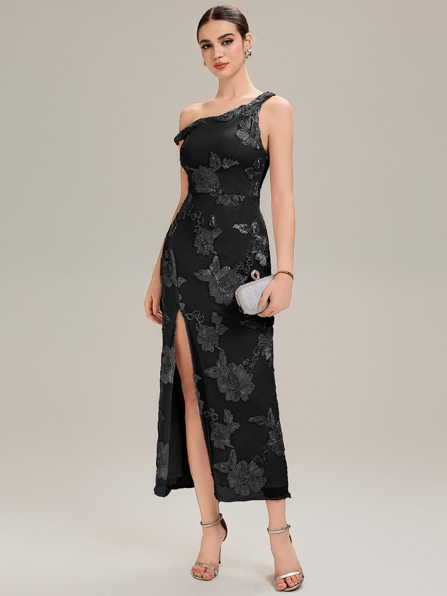 Embroidered Mesh Sleeveless Evening Dress #color_Black