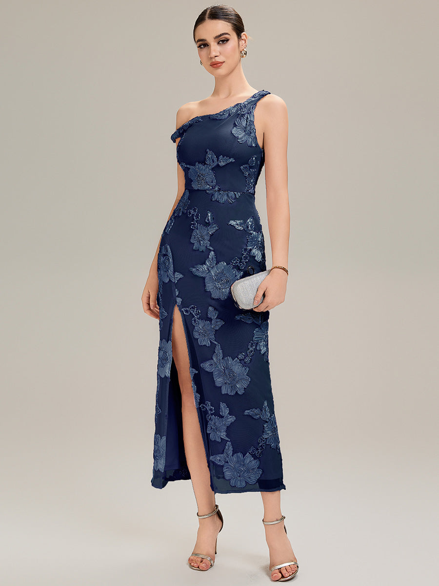Embroidered Mesh Sleeveless Evening Dress #color_Navy Blue