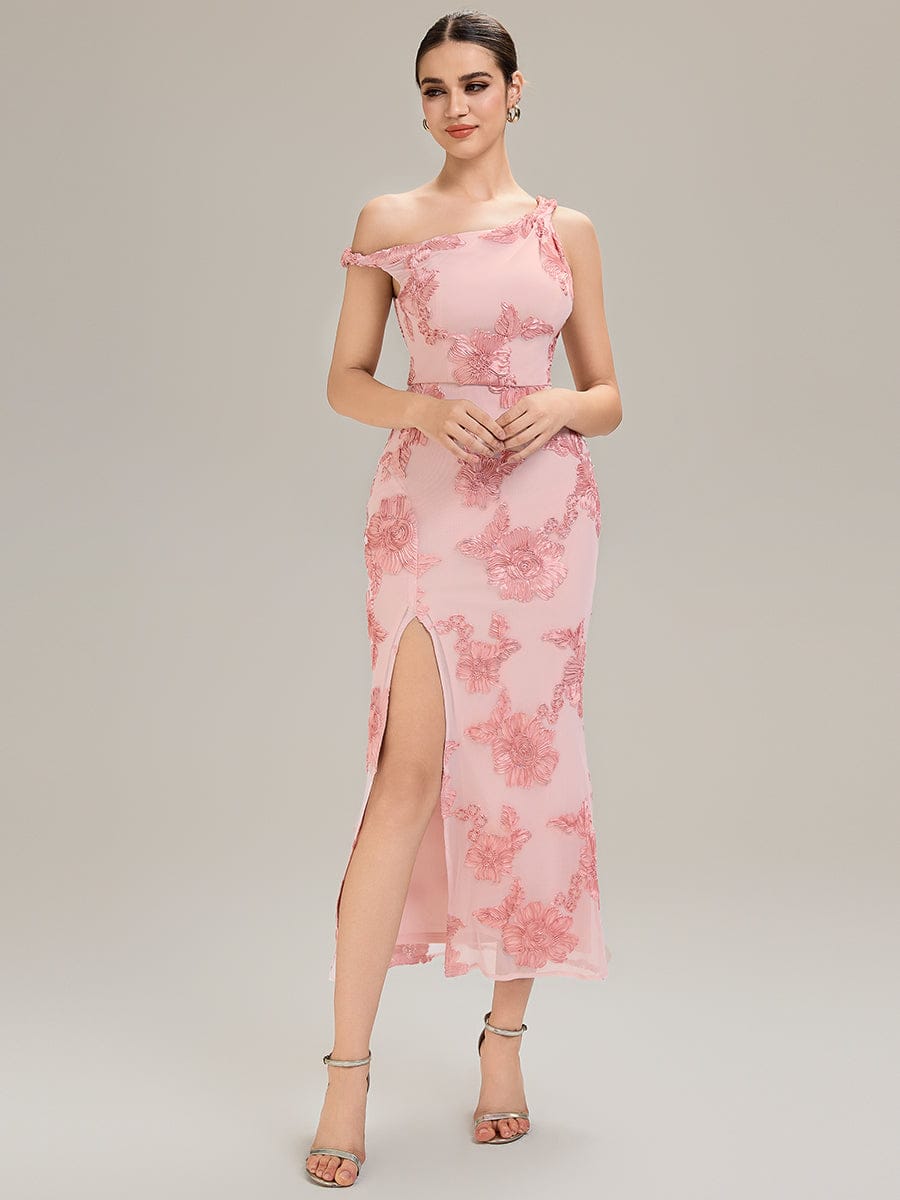 Embroidered Mesh Sleeveless Evening Dress #color_Pink