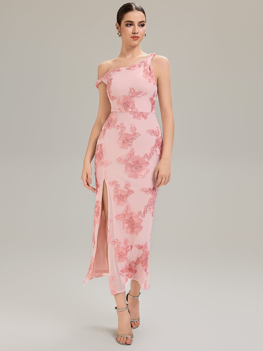 Embroidered Mesh Sleeveless Evening Dress #color_Pink