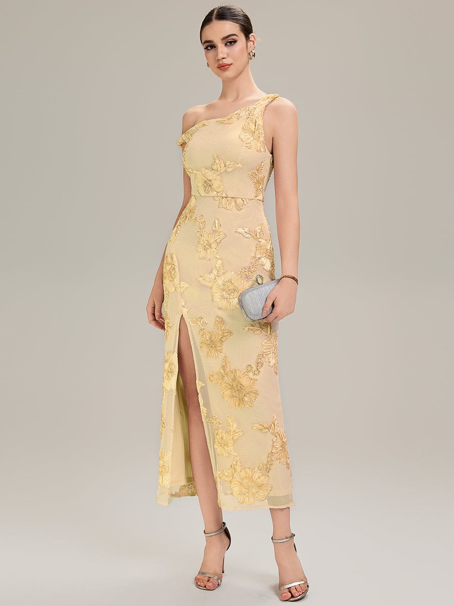 Embroidered Mesh Sleeveless Evening Dress #color_Yellow