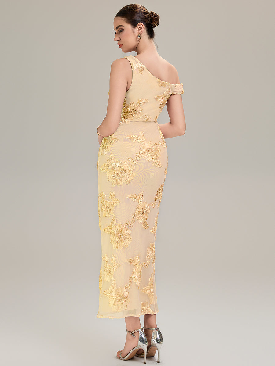 Embroidered Mesh Sleeveless Evening Dress #color_Yellow