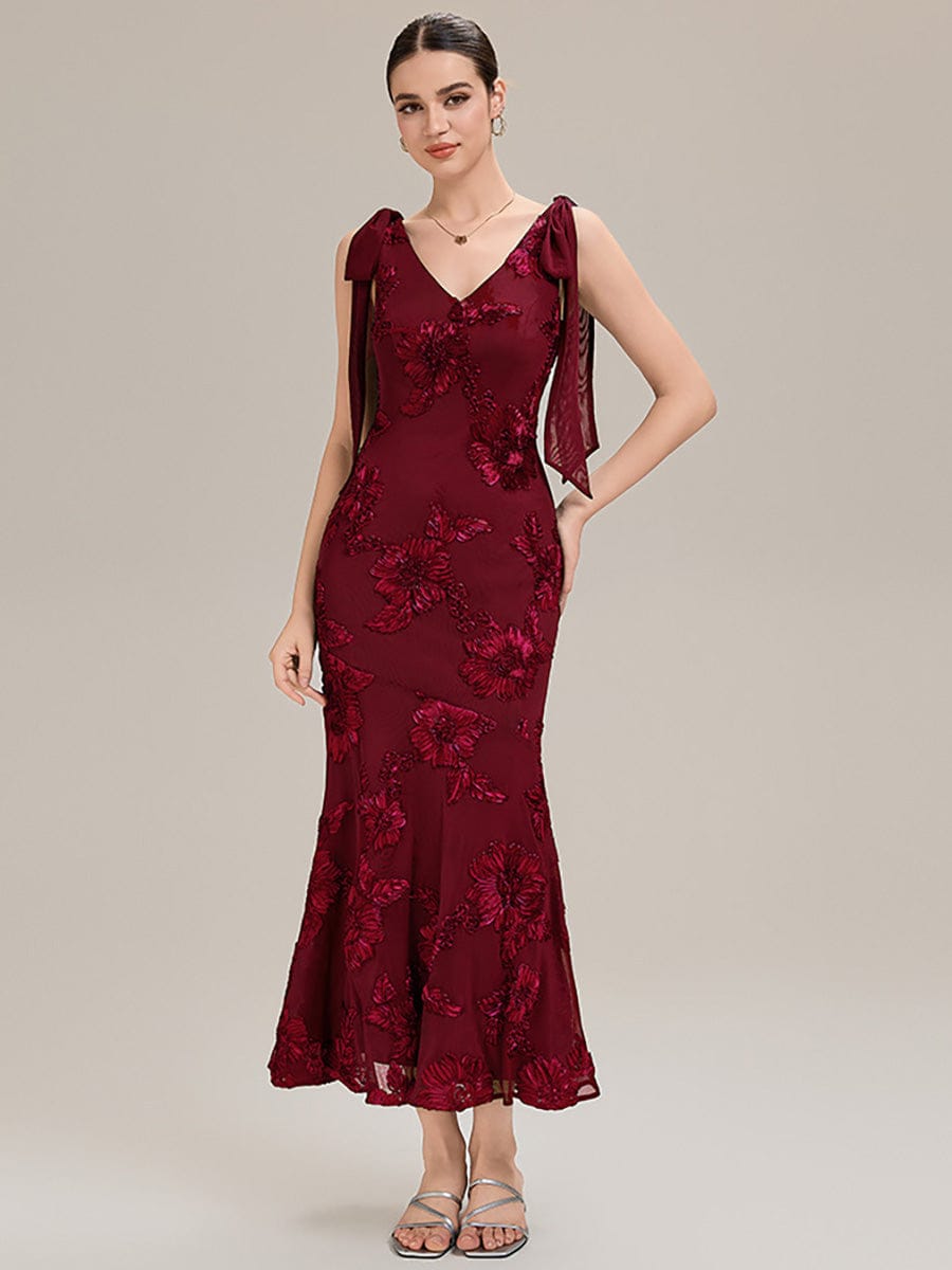 Flowing Ribbons Mesh Sleeveless Evening Dress #color_Burgundy