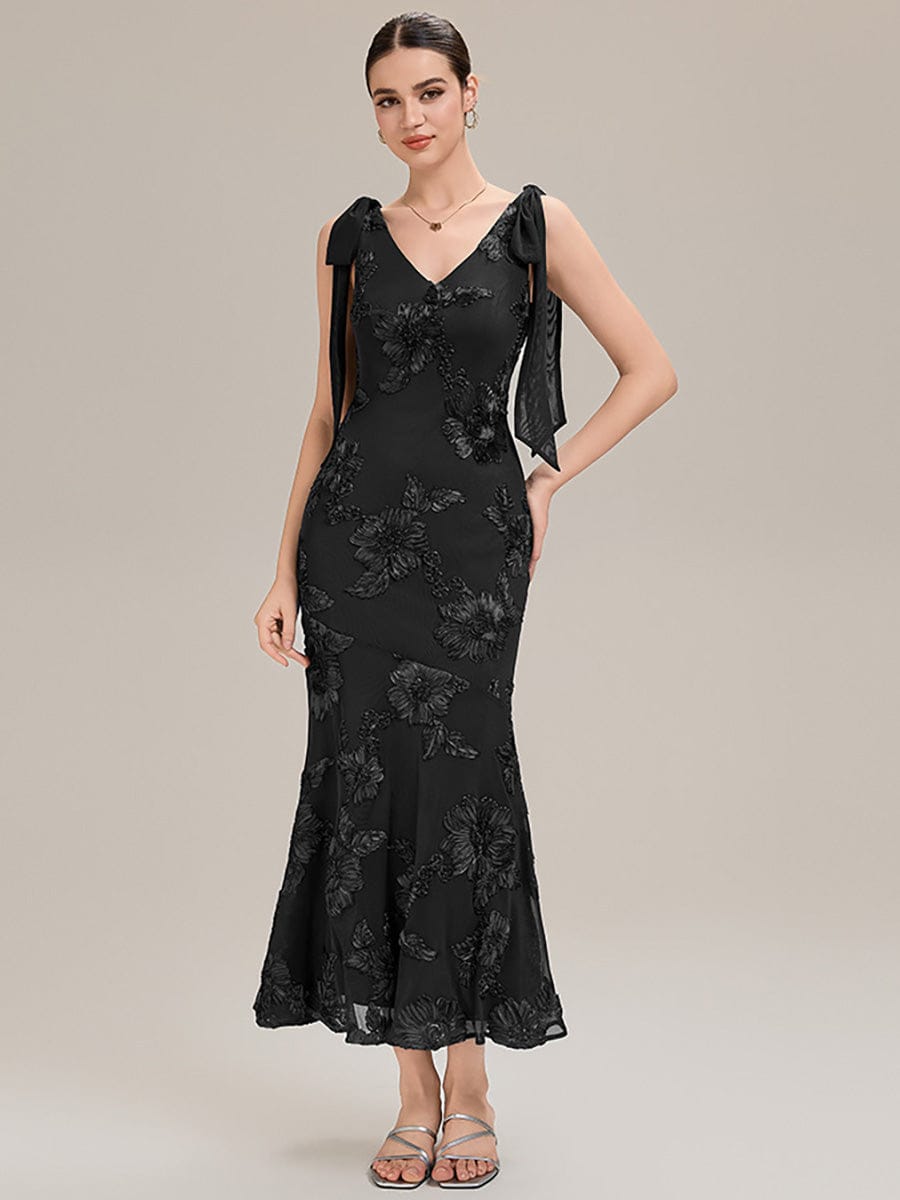 Flowing Ribbons Mesh Sleeveless Evening Dress #color_Black