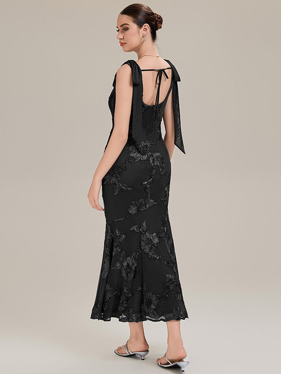Flowing Ribbons Mesh Sleeveless Evening Dress #color_Black