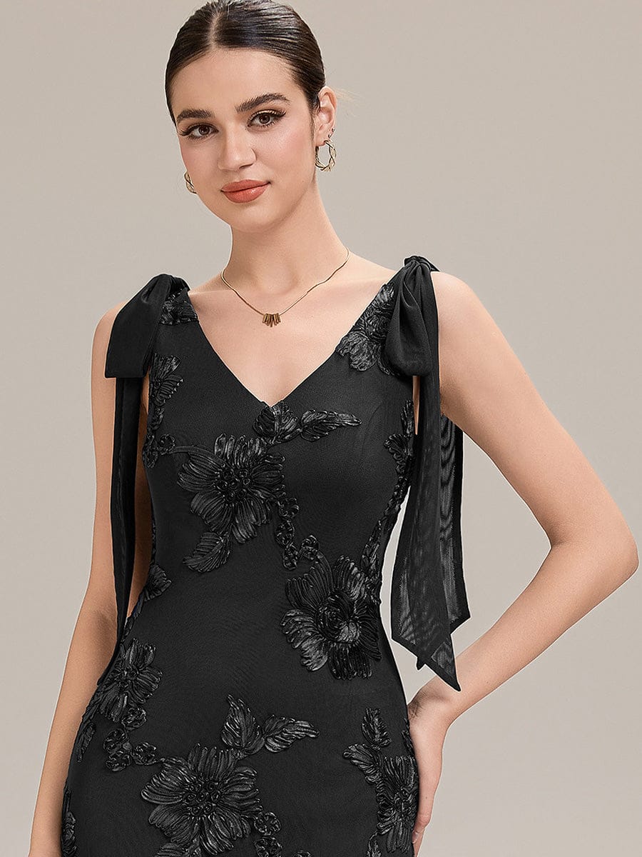 Flowing Ribbons Mesh Sleeveless Evening Dress #color_Black