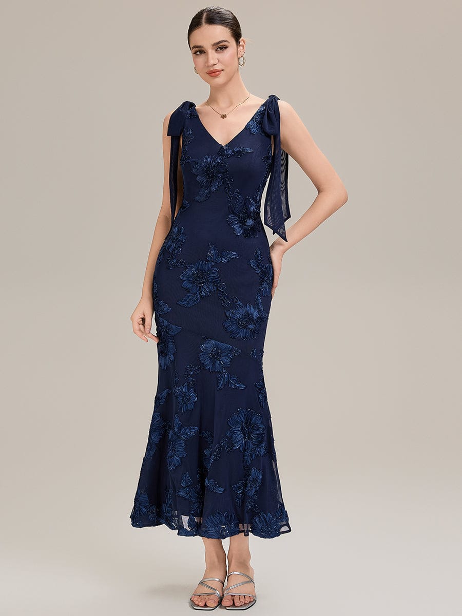Flowing Ribbons Mesh Sleeveless Evening Dress #color_Navy Blue