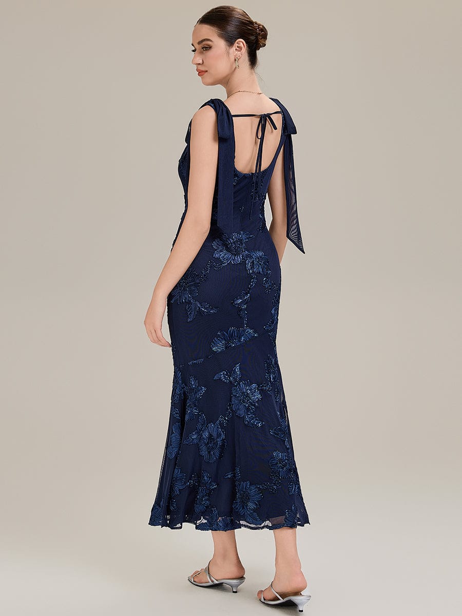 Flowing Ribbons Mesh Sleeveless Evening Dress #color_Navy Blue