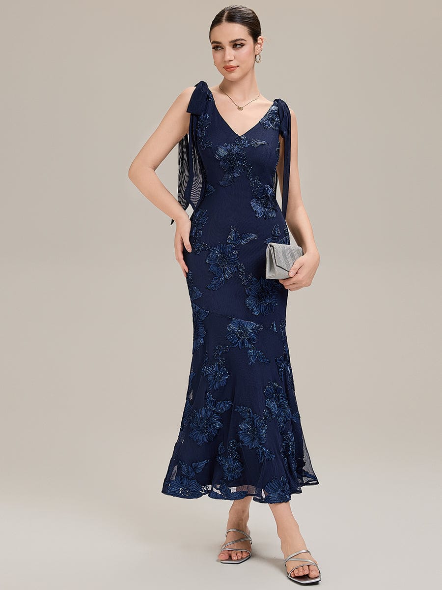 Flowing Ribbons Mesh Sleeveless Evening Dress #color_Navy Blue