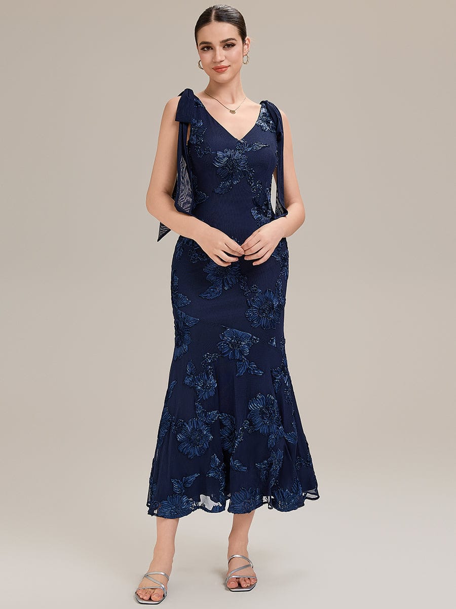 Flowing Ribbons Mesh Sleeveless Evening Dress #color_Navy Blue