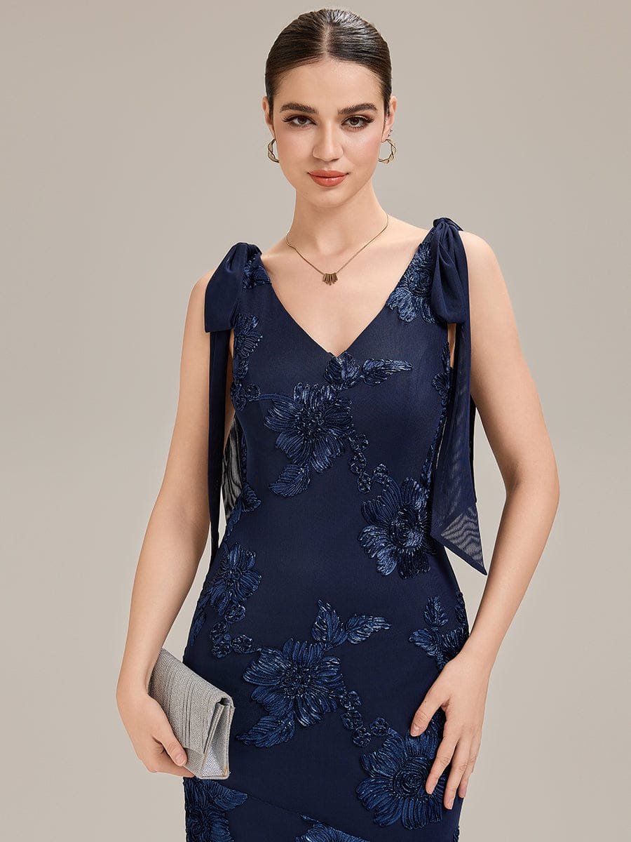 Flowing Ribbons Mesh Sleeveless Evening Dress #color_Navy Blue
