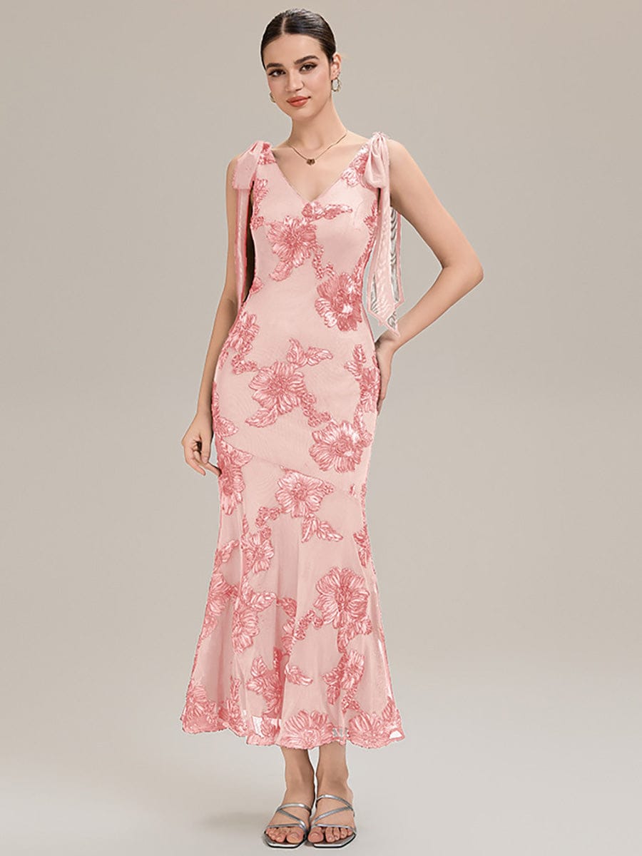 Flowing Ribbons Mesh Sleeveless Evening Dress #color_Pink