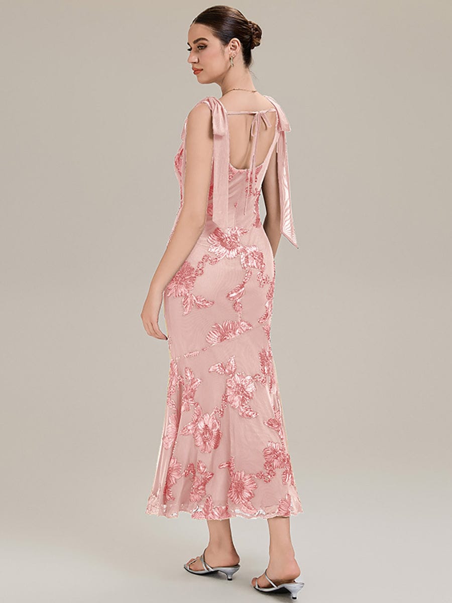 Flowing Ribbons Mesh Sleeveless Evening Dress #color_Pink