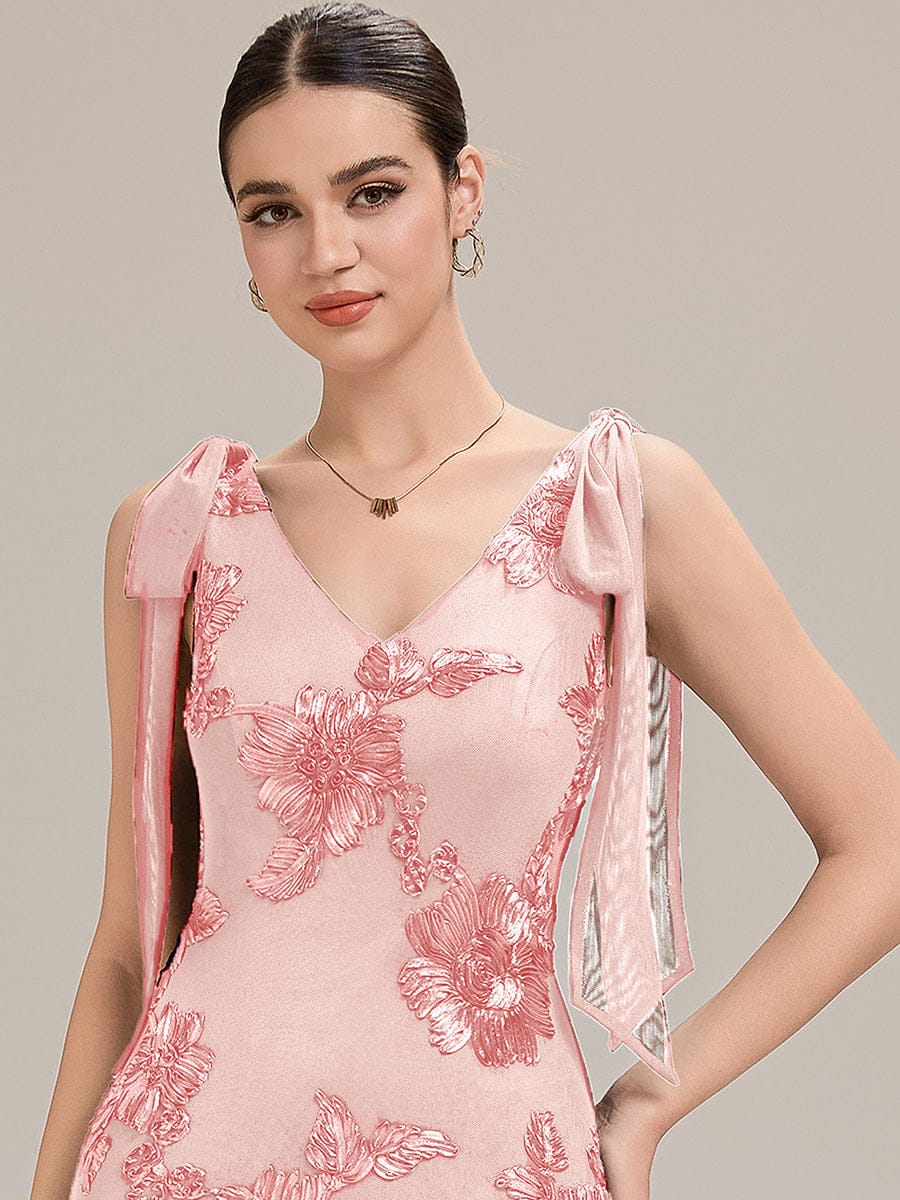 Flowing Ribbons Mesh Sleeveless Evening Dress #color_Pink