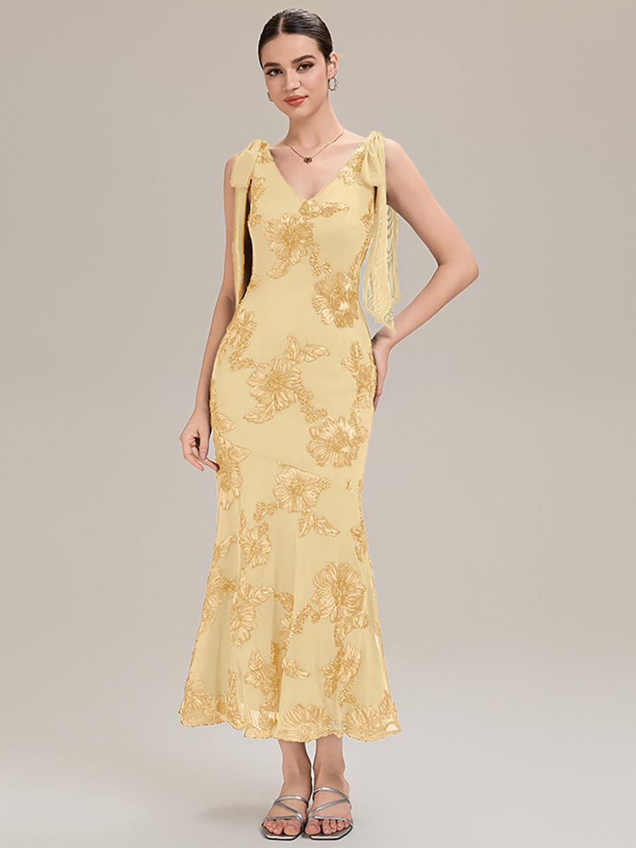 Flowing Ribbons Mesh Sleeveless Evening Dress #color_Yellow