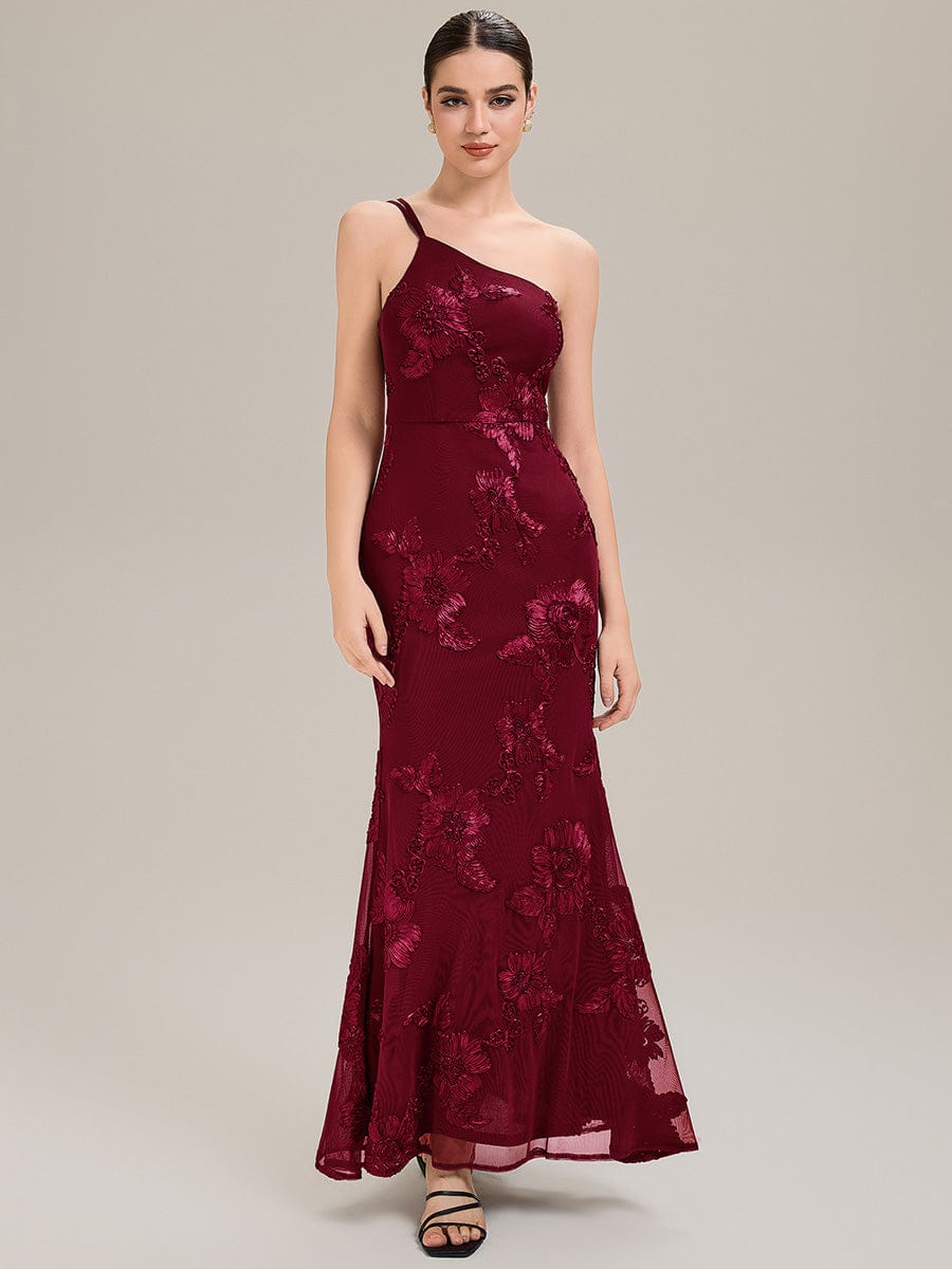 Floral Mesh Sleeveless Evening Dress #color_Burgundy