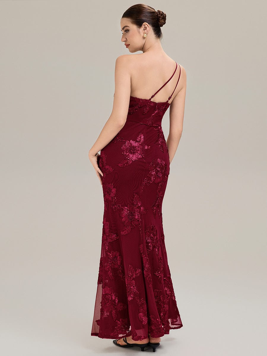 Floral Mesh Sleeveless Evening Dress #color_Burgundy