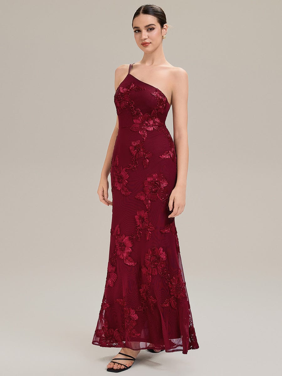 Floral Mesh Sleeveless Evening Dress #color_Burgundy