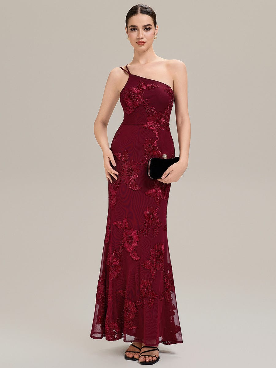 Floral Mesh Sleeveless Evening Dress #color_Burgundy