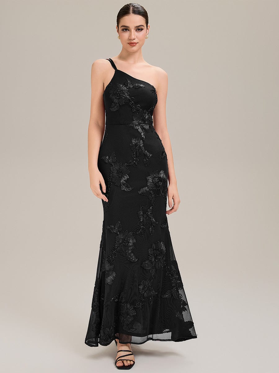 Floral Mesh Sleeveless Evening Dress #color_Black