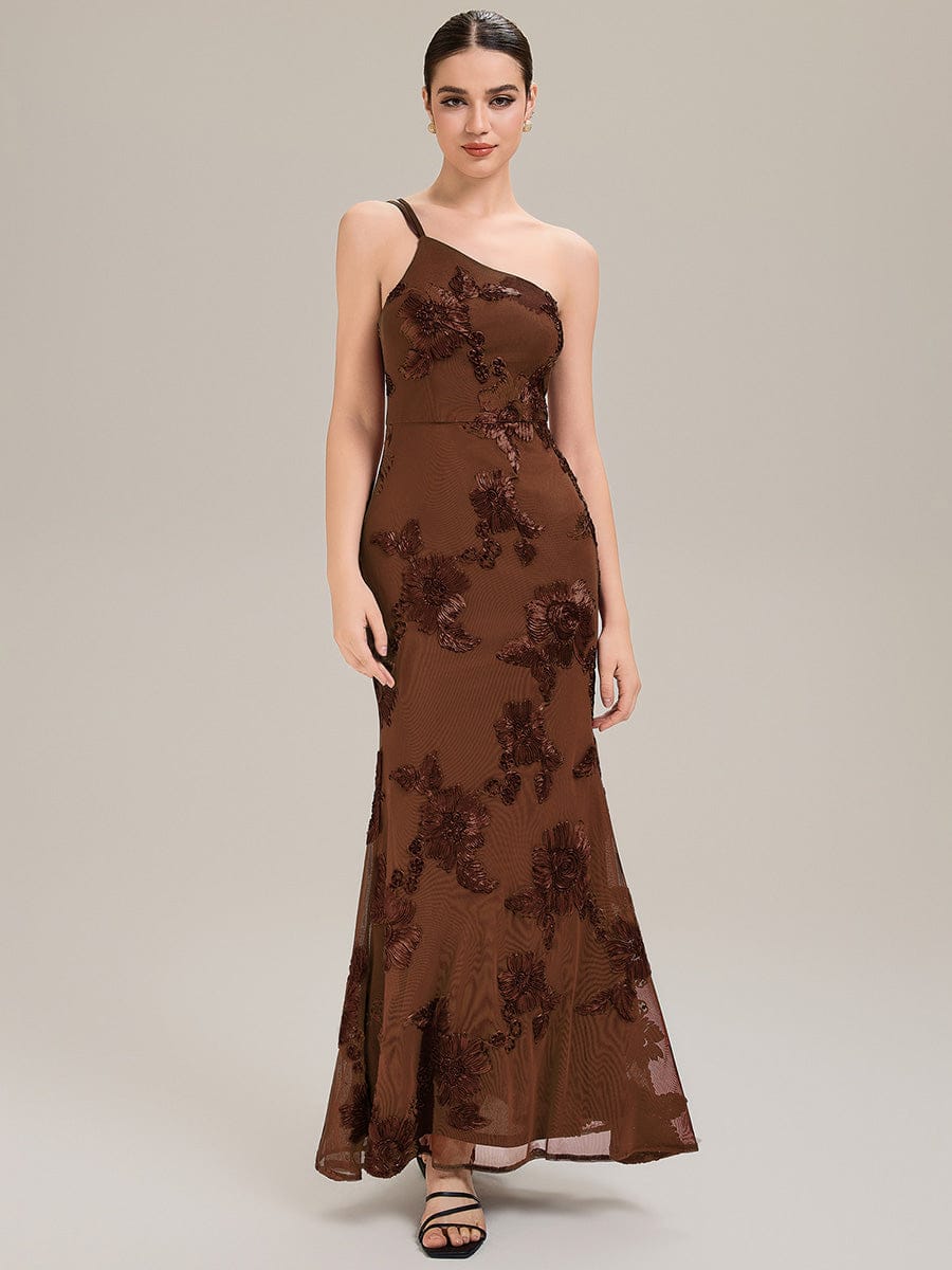 Floral Mesh Sleeveless Evening Dress #color_Brown