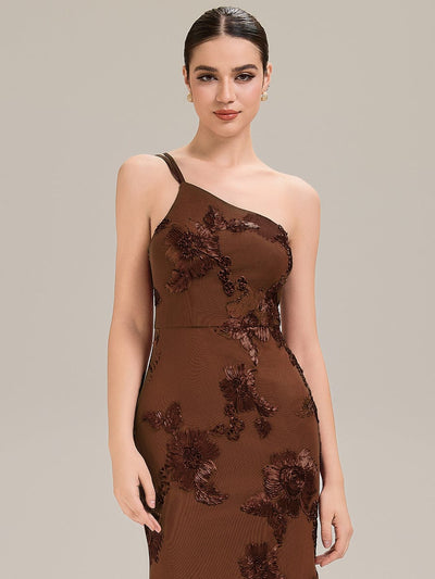 Floral Mesh Sleeveless Evening Dress #color_Brown