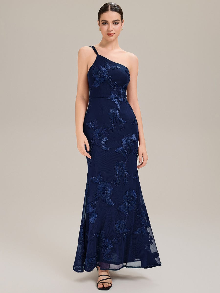 Floral Mesh Sleeveless Evening Dress #color_Navy Blue