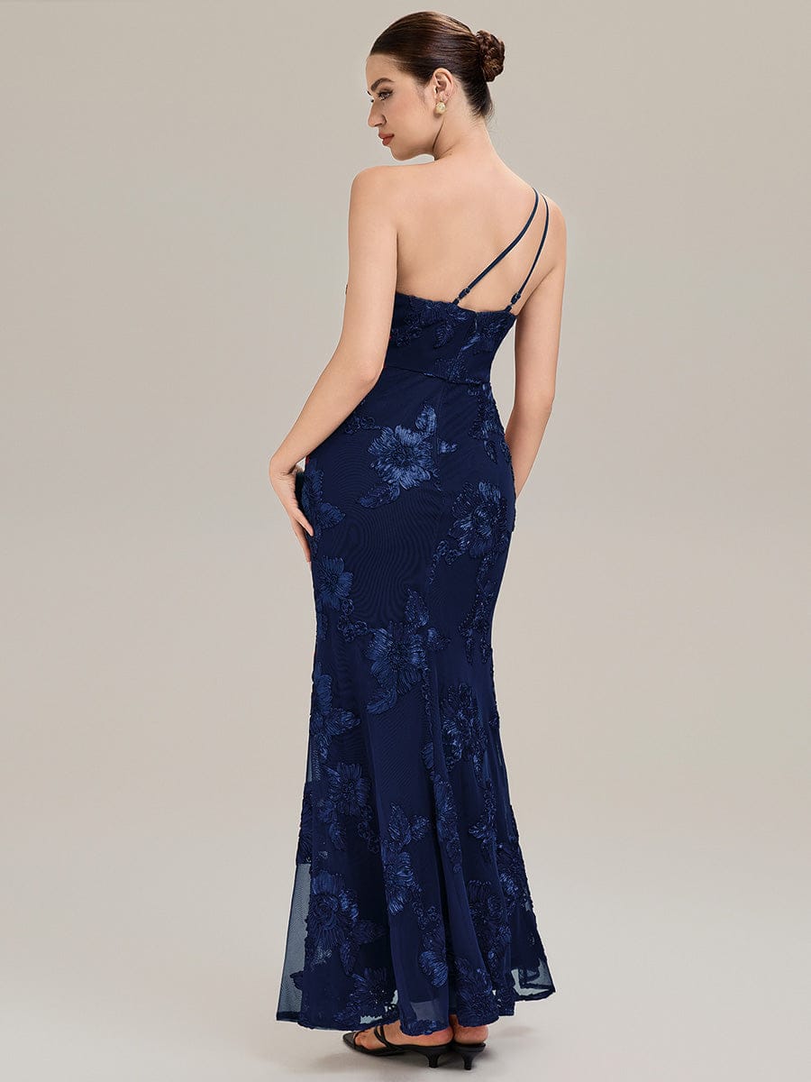Floral Mesh Sleeveless Evening Dress #color_Navy Blue