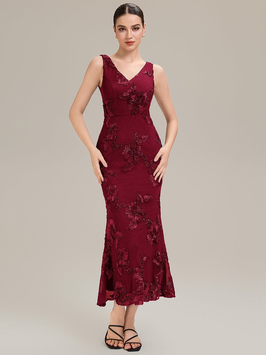 Deep V-Neck Embroidered Sleeveless Evening Dress #color_Burgundy
