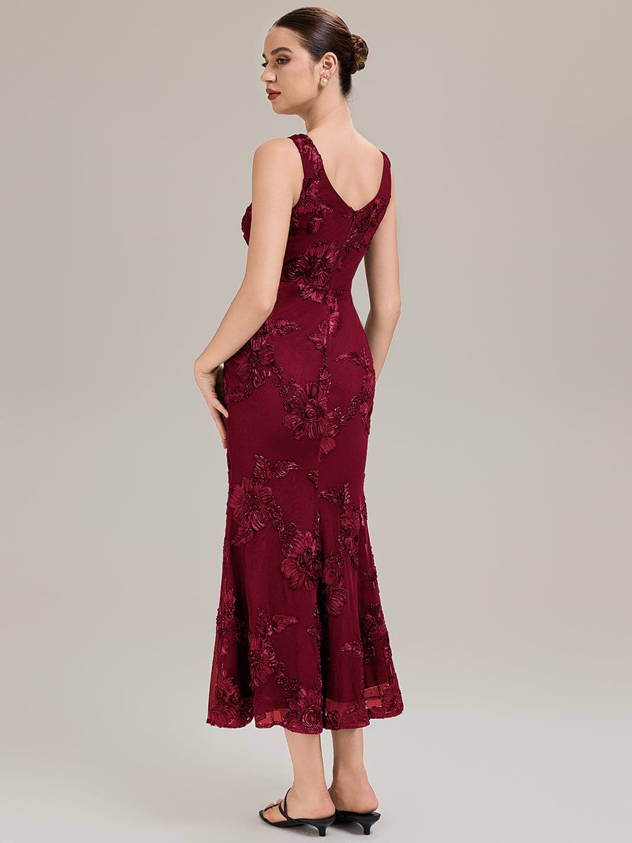 Deep V-Neck Embroidered Sleeveless Evening Dress #color_Burgundy
