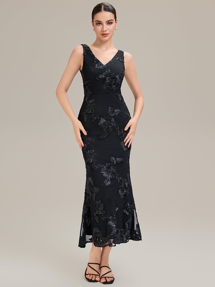 Deep V-Neck Embroidered Sleeveless Evening Dress #color_Black