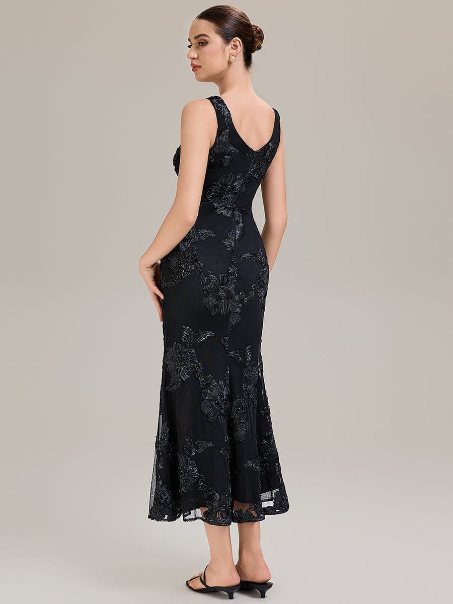Deep V-Neck Embroidered Sleeveless Evening Dress #color_Black