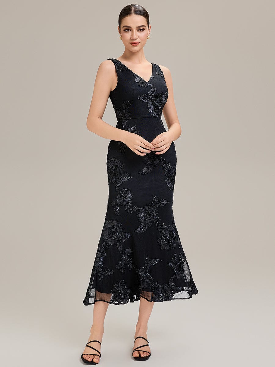 Deep V-Neck Embroidered Sleeveless Evening Dress #color_Black