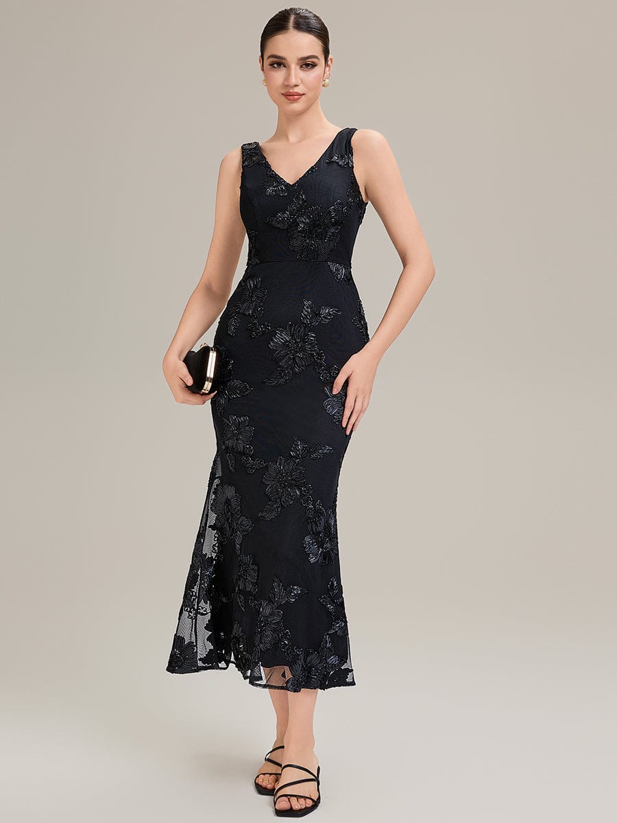 Deep V-Neck Embroidered Sleeveless Evening Dress #color_Black