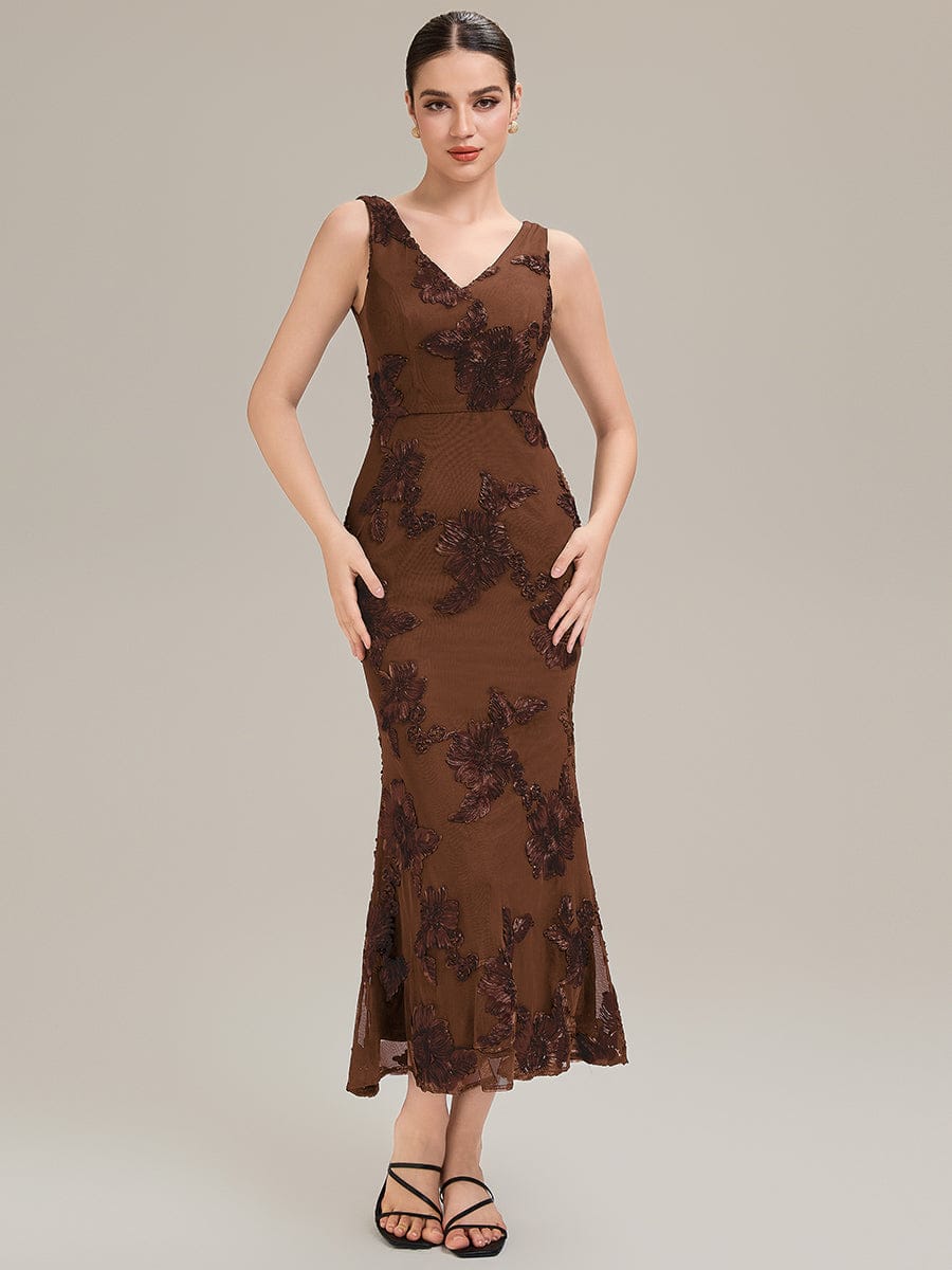 Deep V-Neck Embroidered Sleeveless Evening Dress #color_Brown
