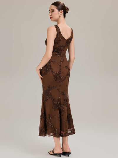 Deep V-Neck Embroidered Sleeveless Evening Dress #color_Brown