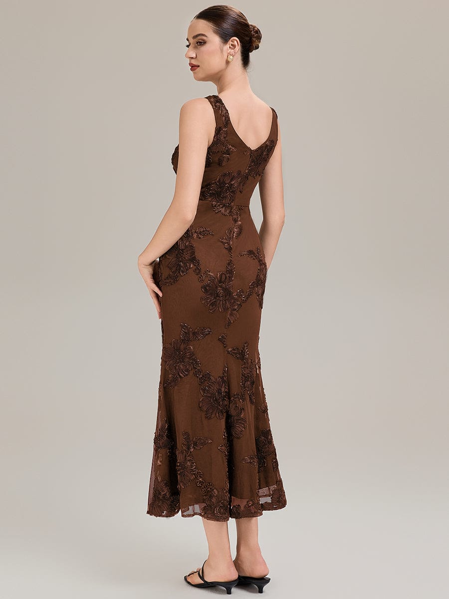 Deep V-Neck Embroidered Sleeveless Evening Dress #color_Brown