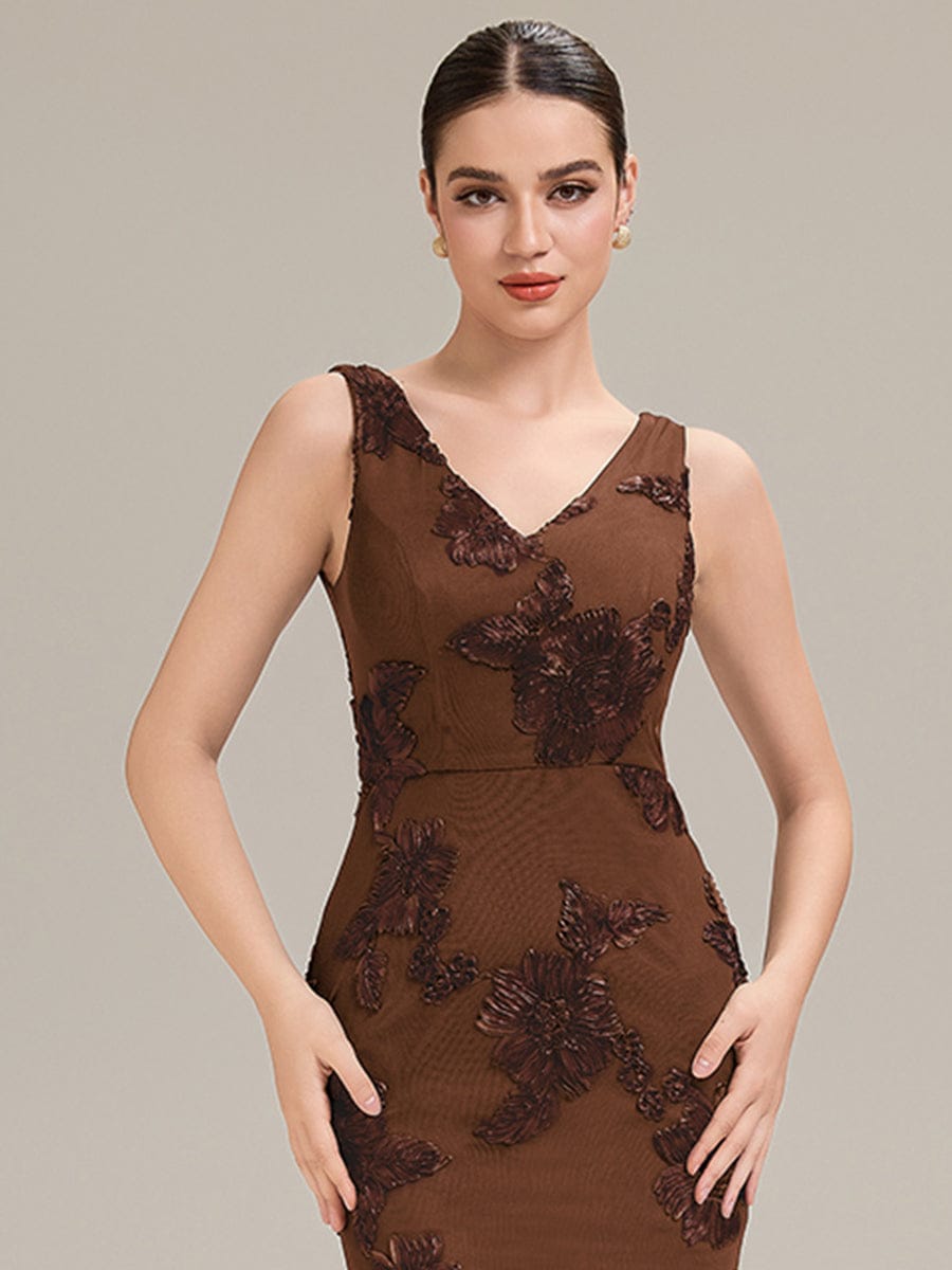 Deep V-Neck Embroidered Sleeveless Evening Dress #color_Brown