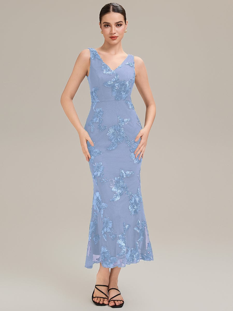 Deep V-Neck Embroidered Sleeveless Evening Dress #color_Ice Blue
