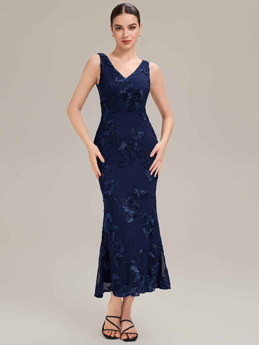 Deep V-Neck Embroidered Sleeveless Evening Dress #color_Navy Blue