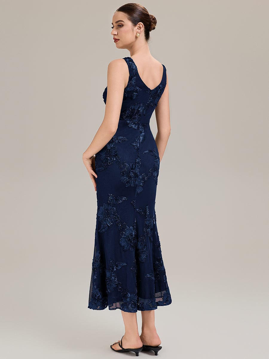 Deep V-Neck Embroidered Sleeveless Evening Dress #color_Navy Blue