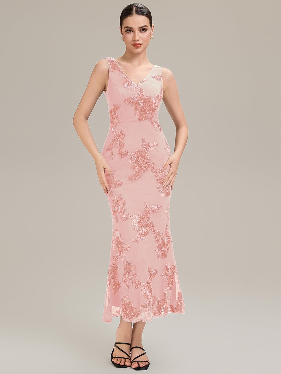 Deep V-Neck Embroidered Sleeveless Evening Dress #color_Pink