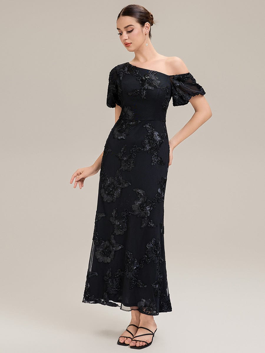 Mesh Embroidered Mermaid Evening Dress #color_Black