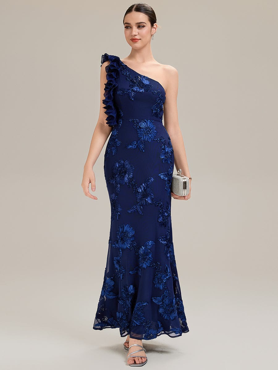 Jacquard Knit Sleeveless Evening Dress #color_Navy Blue