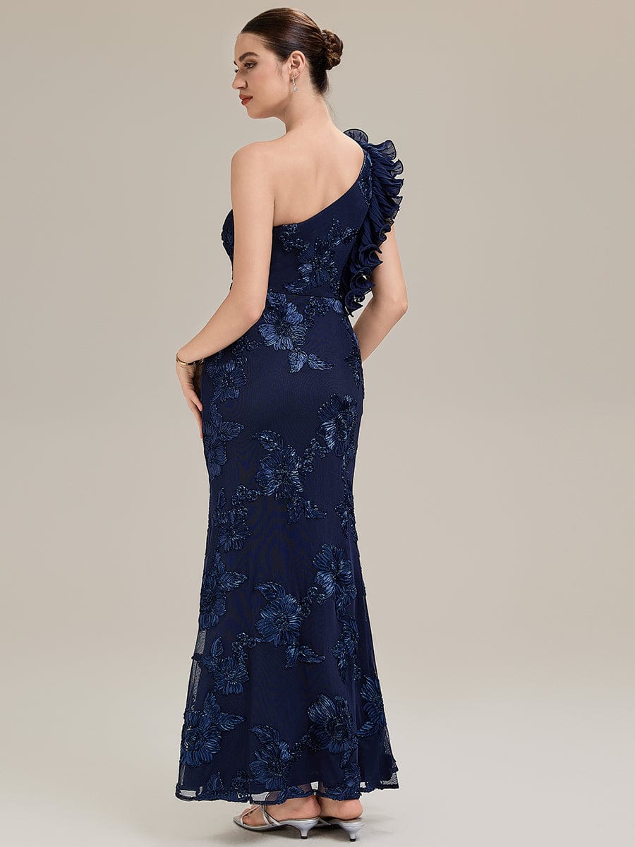 Jacquard Knit Sleeveless Evening Dress #color_Navy Blue