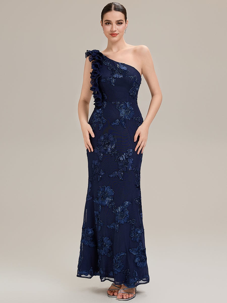 Jacquard Knit Sleeveless Evening Dress #color_Navy Blue