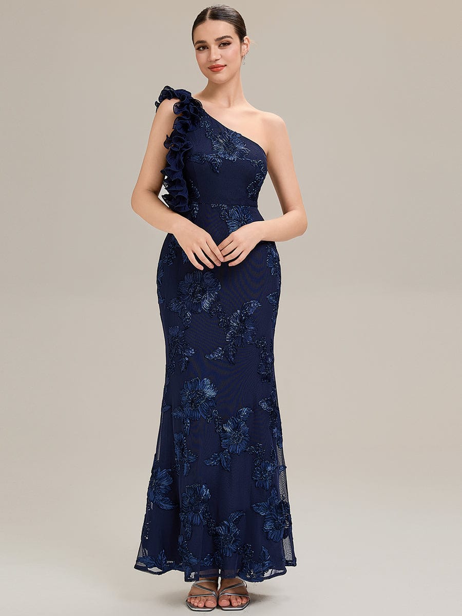 Jacquard Knit Sleeveless Evening Dress #color_Navy Blue