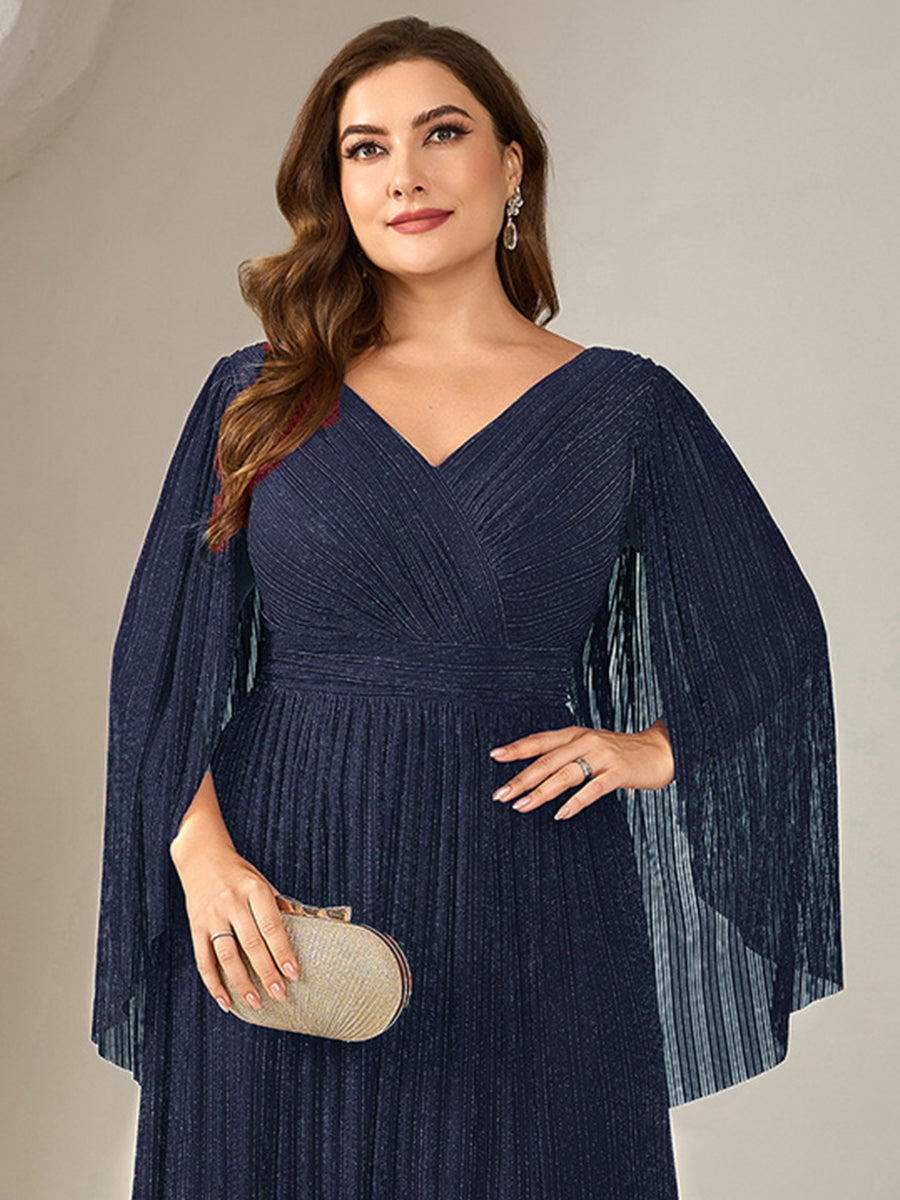 Plus Size Glittery Empire Waist Batwing Sleeve Mother of the Bride Dress #color_Navy Blue